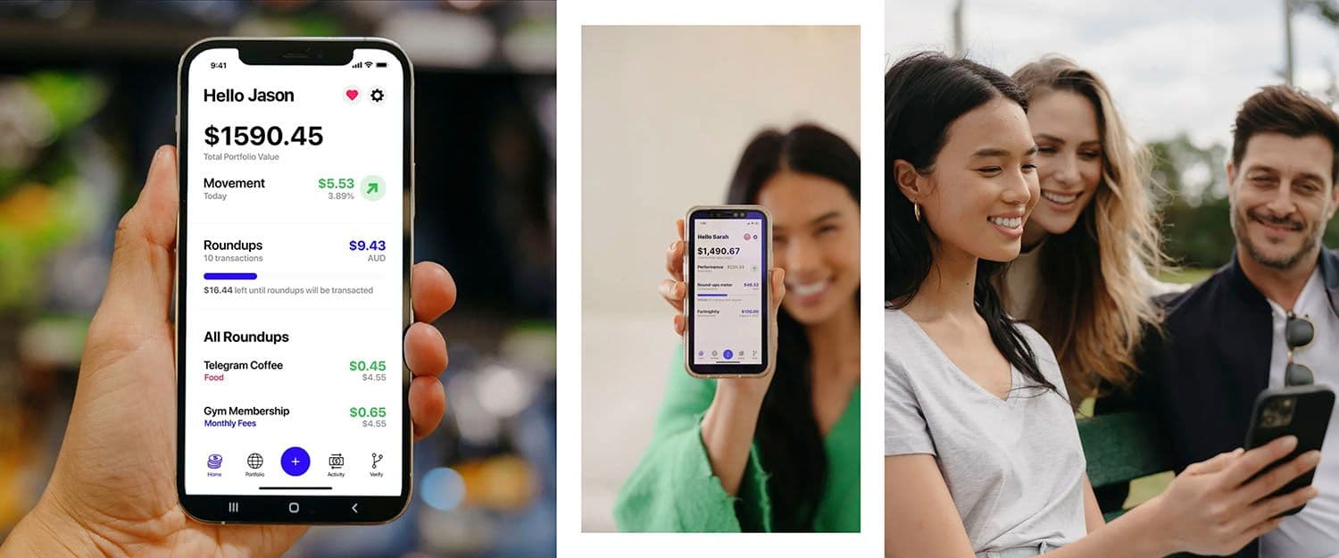 Mobile phone view of the Bamboo mobile app, and people holding mobile phones.
