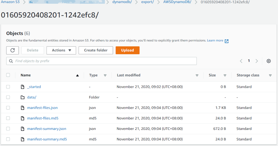 Screenshot of S3 objects written by a single DynamoDB export