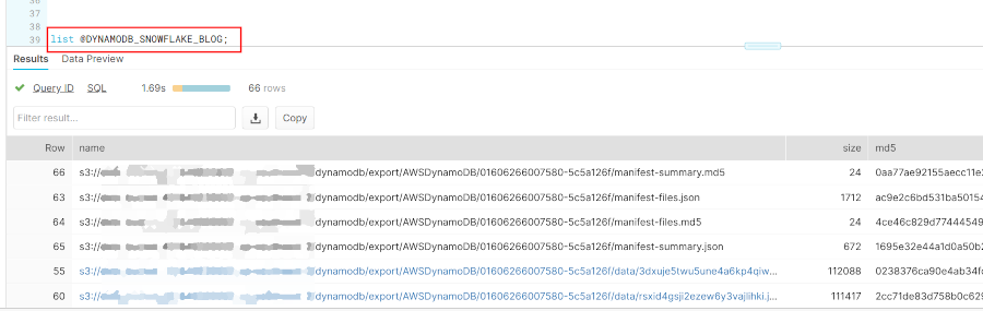 List of objects from the S3 bucket as seen in Snowflake by running LIST command on the stage