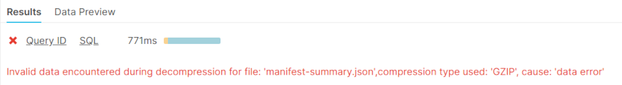 Screenshot of Snowflake failing because we didn't specify the file format