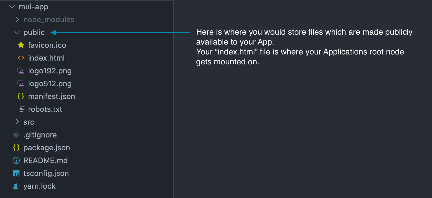 Public Folder Screenshot. Here is where you will store files which are made publicly available to your App. Your "index.html" file is where your Applications root node gets mounted