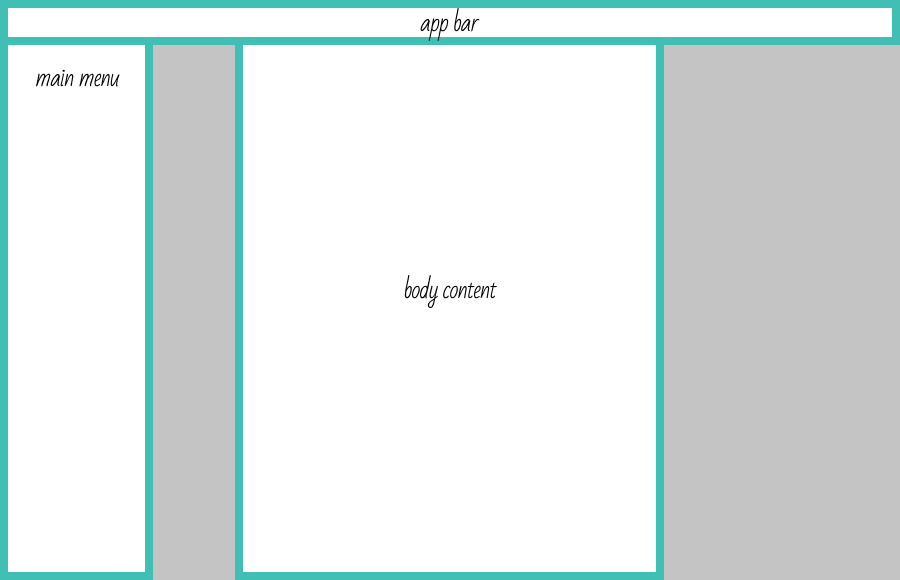 App bar at the top. Main menu navigation anchored to the left. Body content center columned.